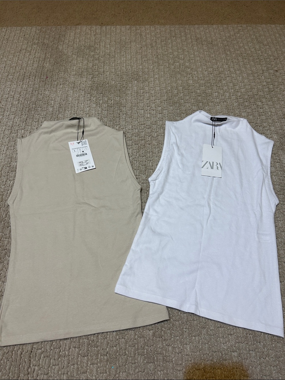 Zara set of 2 mock neck tanks large white and beige